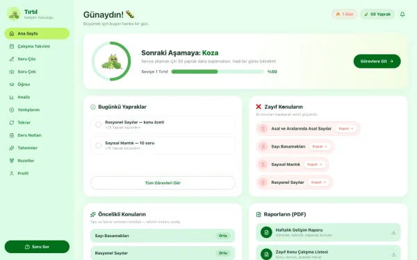 Tırtıl ana panel — günlük görevler ve yaprak ekonomisi